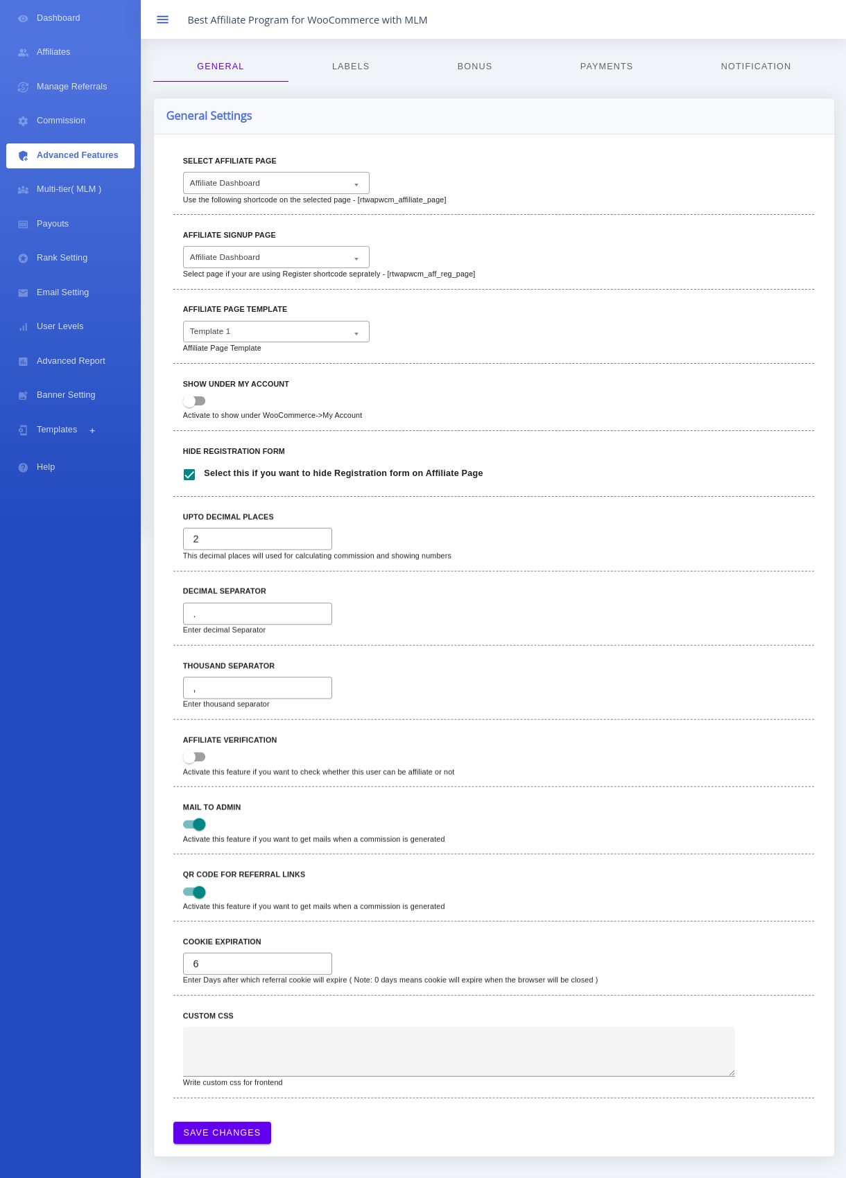 Affiliate Plugin for WooCommerce Advanced Features General settings page available after plugin activation