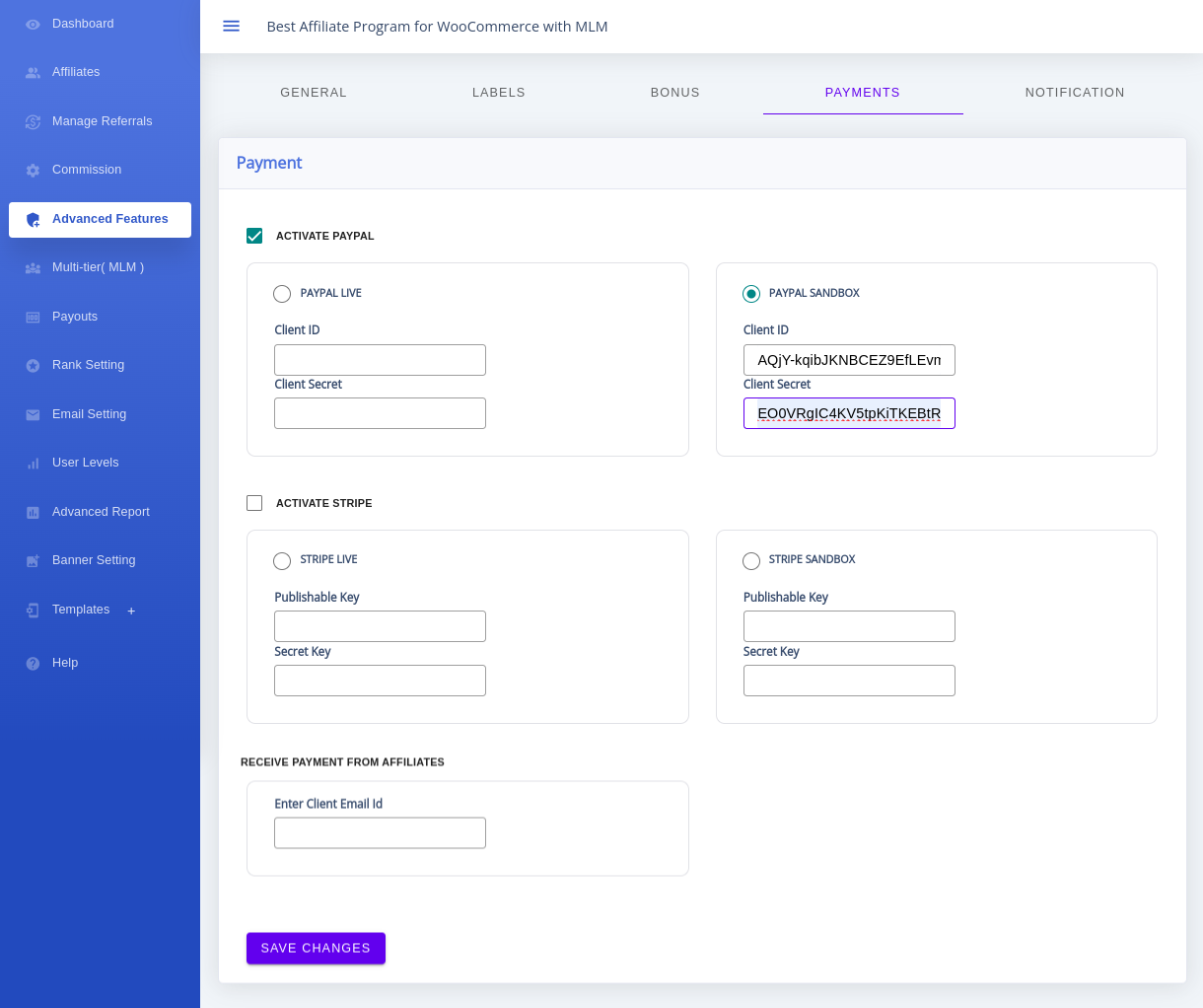 Payments settings showing Activate PayPal, Activate Stripe, Live and Sandbox options