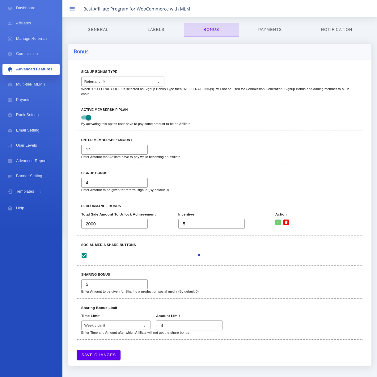 Bonus settings showing signup bonus, performance bonus, sharing bonus and sharing bonus limit