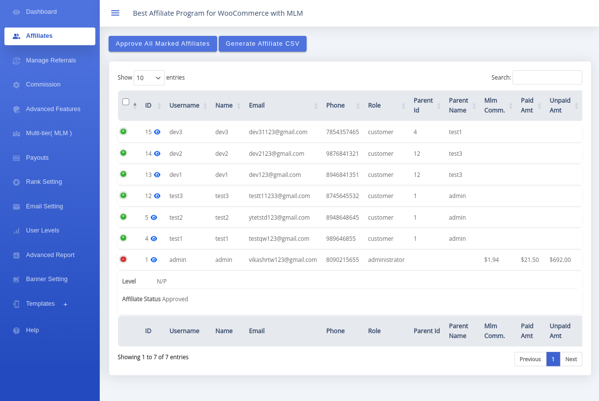 Affiliates administration screen with search, affiliate records, and Approve All Marked Affiliates button