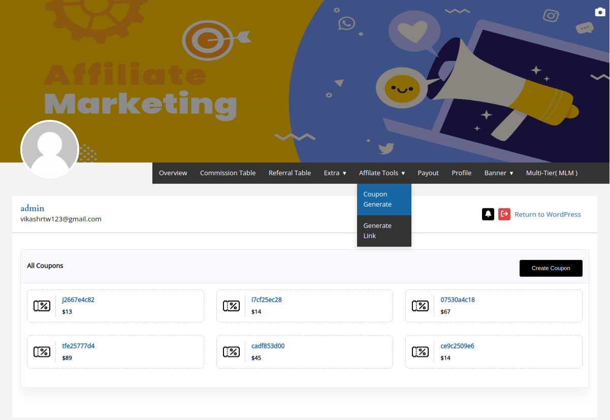 Affiliate Tool screen used to enter a product URL and generate a referral link