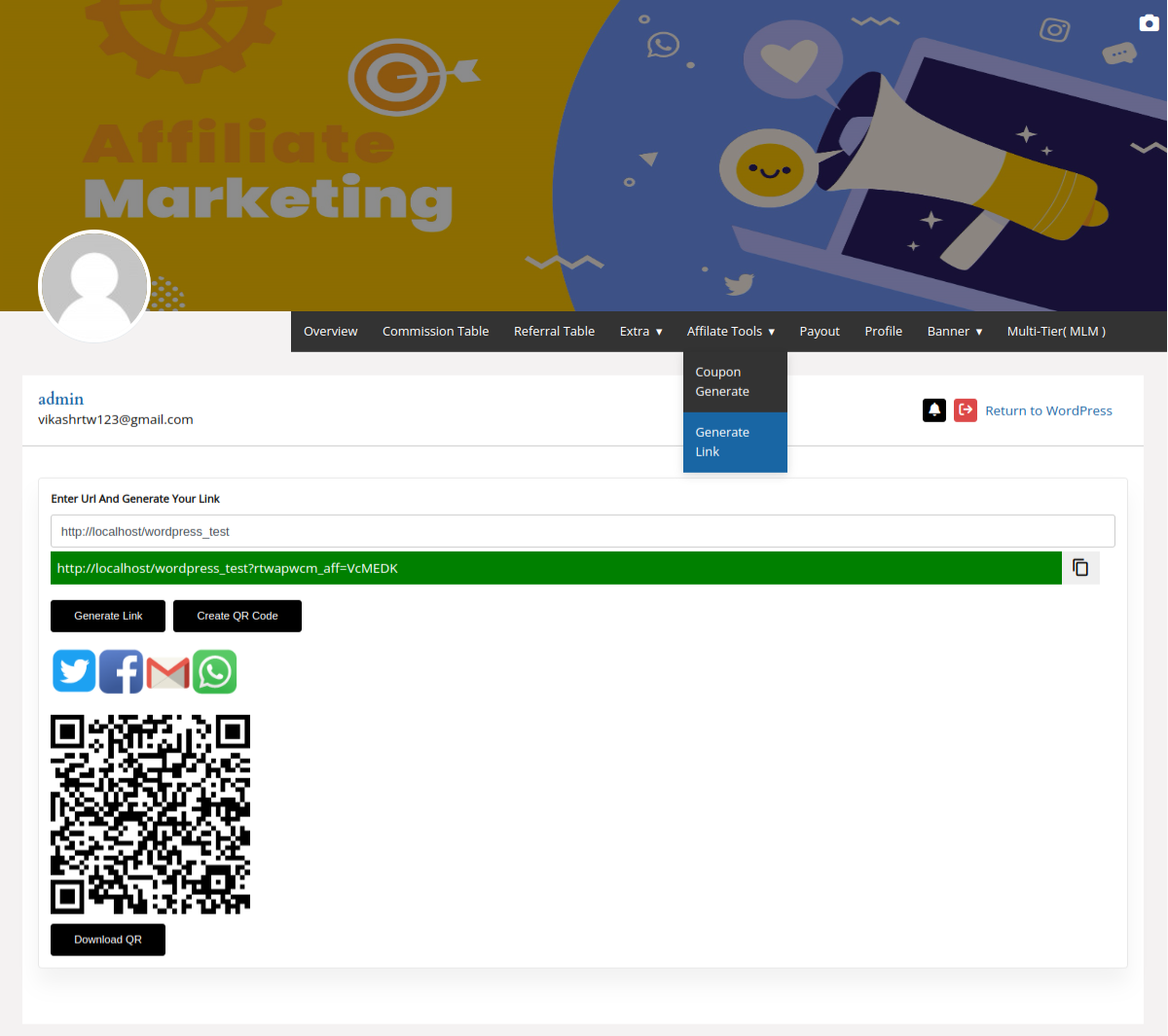 Affiliate Tools screen showing Generate Link, Create QR Code, QR code preview, and Download QR button