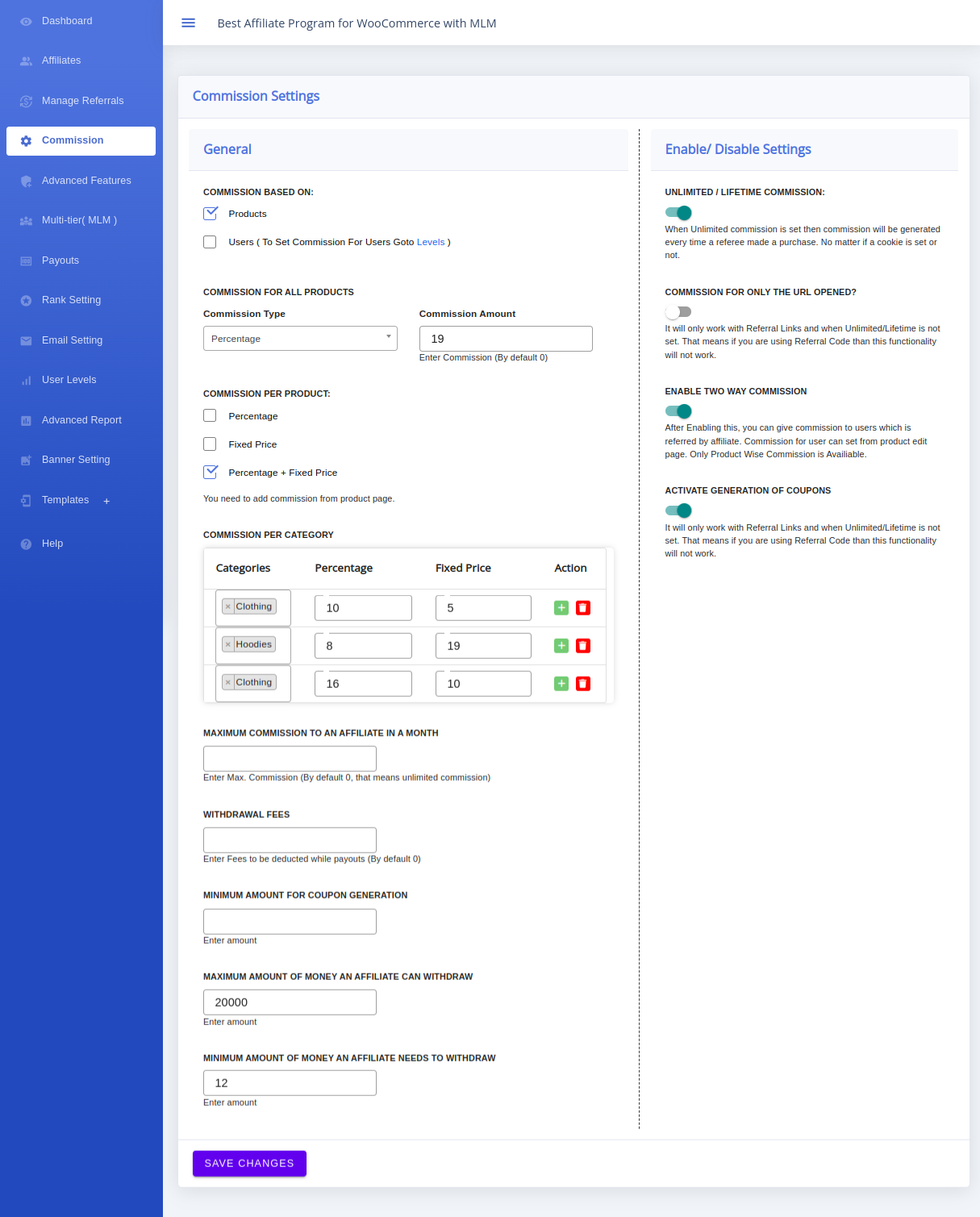 Commission Settings page showing commission for all products and related affiliate commission options