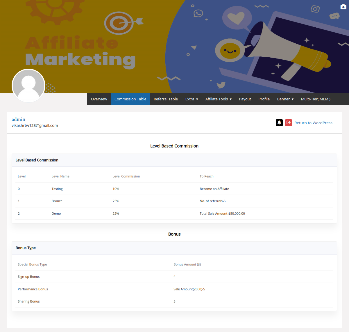 Affiliate Referral Table displaying recorded referral information