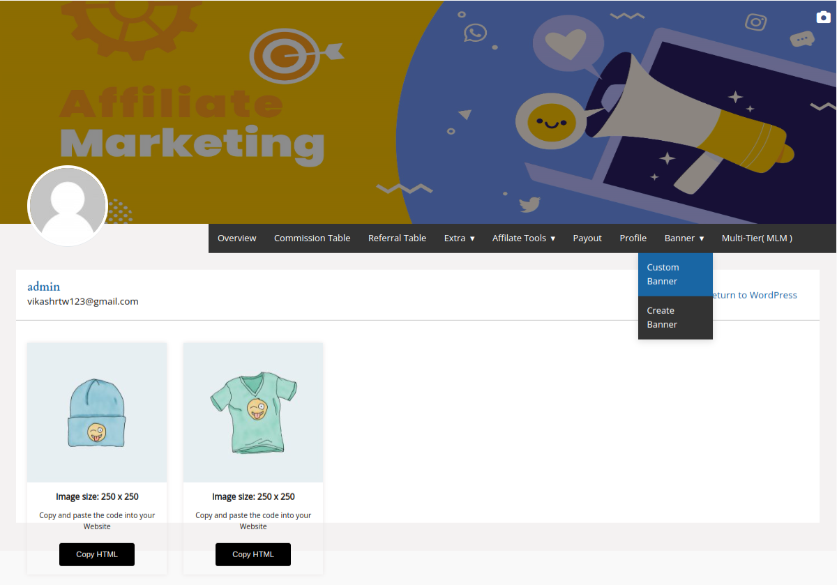 Affiliate Dashboard Banner menu with Custom Banner and Create Banner options and banner cards with Copy HTML controls