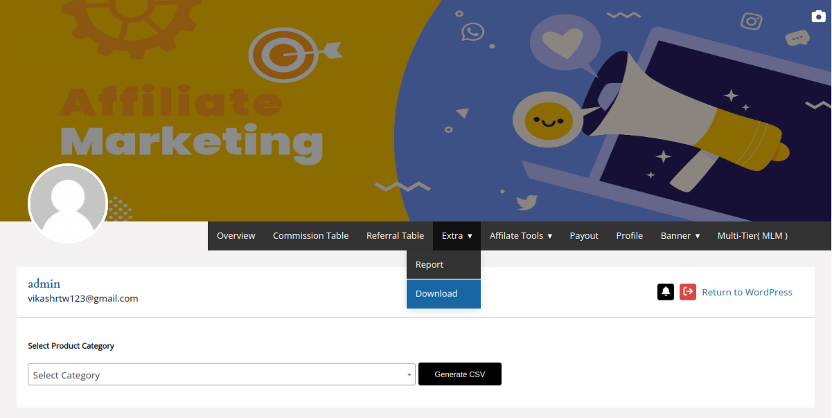 Affiliate Download tab used to generate a file of referral links and commission details