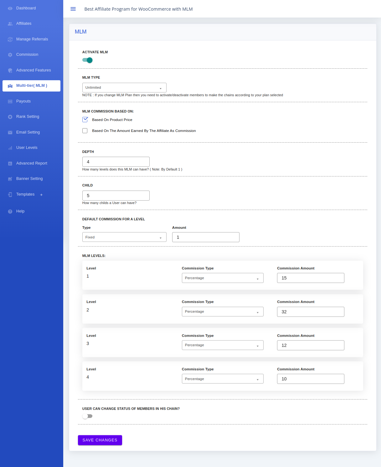 Multi-tier MLM settings showing Activate MLM, MLM Type, Depth, Child and MLM Levels controls