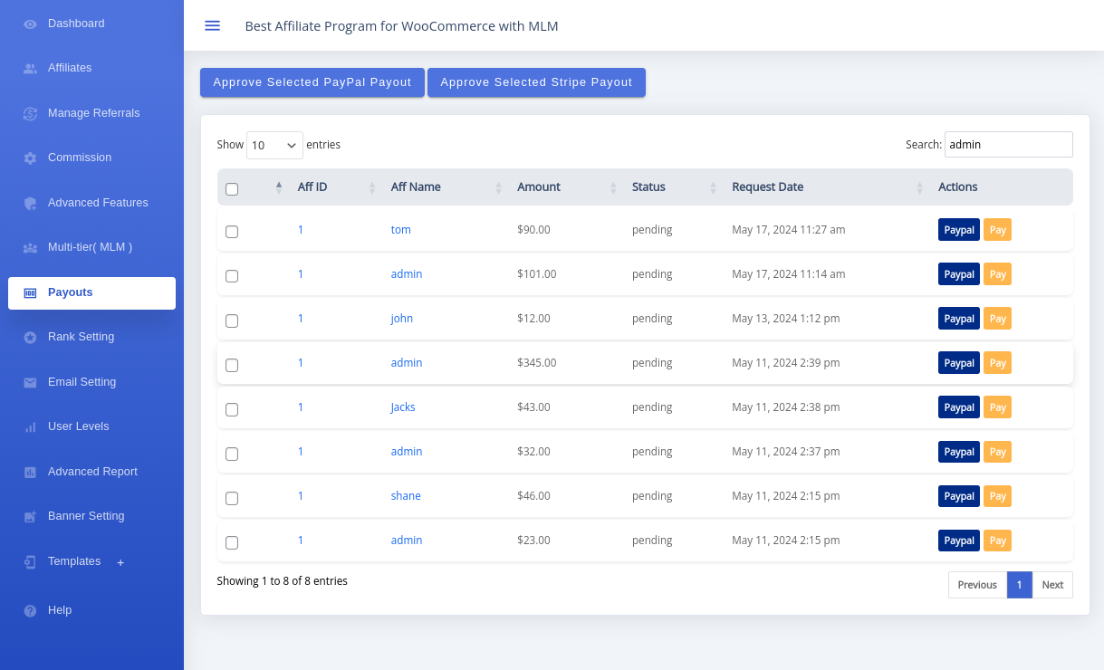 Administrator Payouts table with pending requests and payment actions