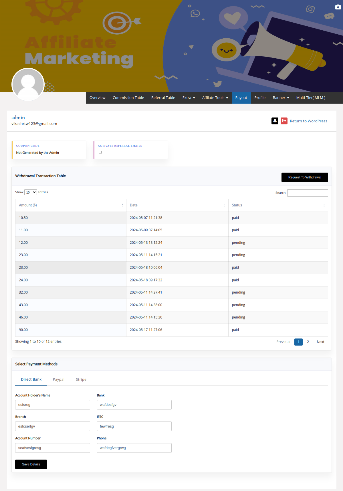 Affiliate Payout page showing Withdrawal Transaction Table, request withdrawal, and payment methods