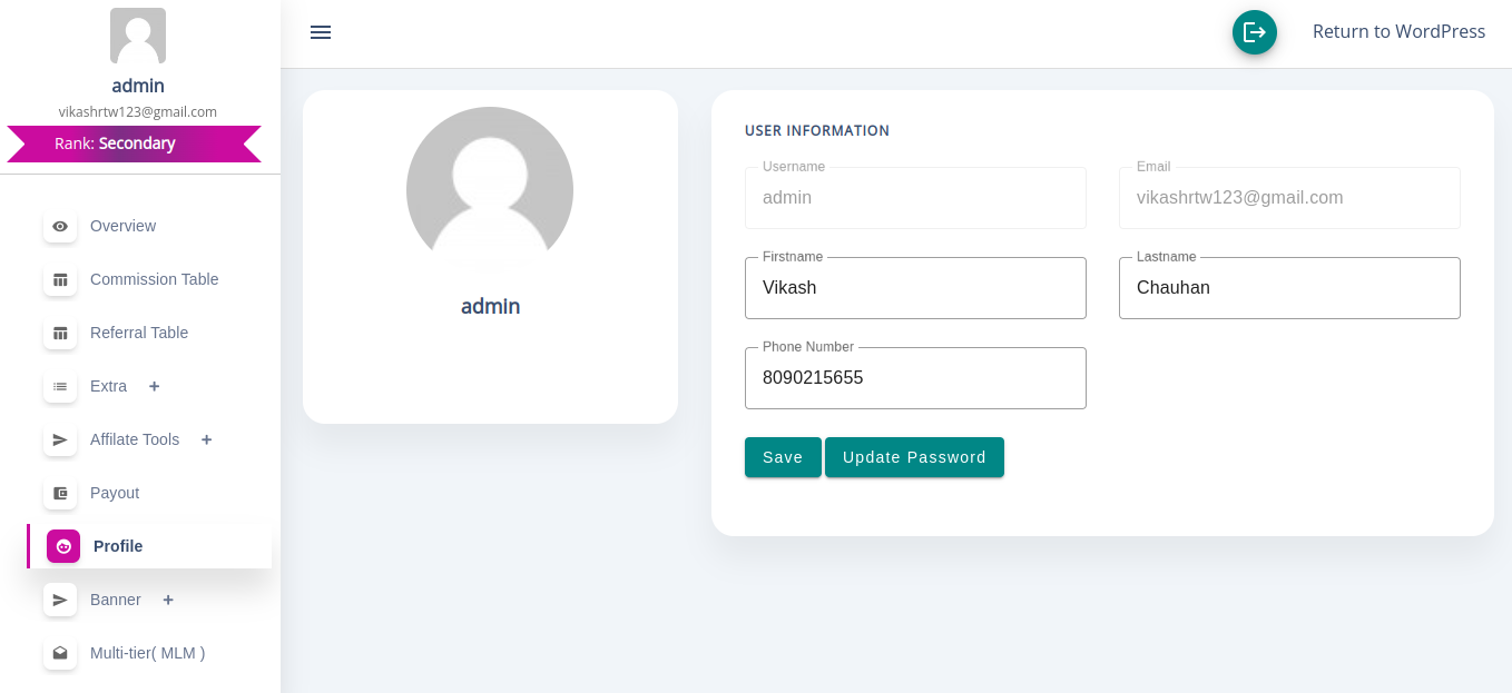 Affiliate Profile screen with user information fields and Save button
