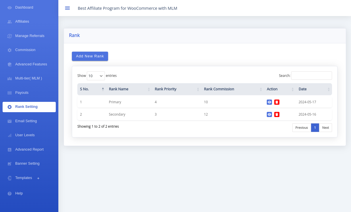 Rank Setting table showing Add New Rank, Rank Name, Rank Priority, Rank Commission, Action and Date