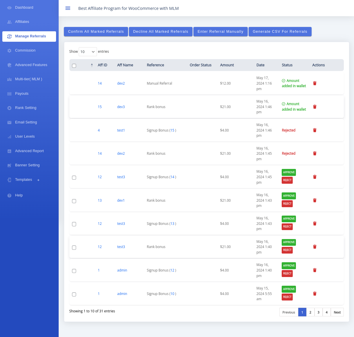 Manage Referrals screen showing referral records, statuses, and approve or reject actions