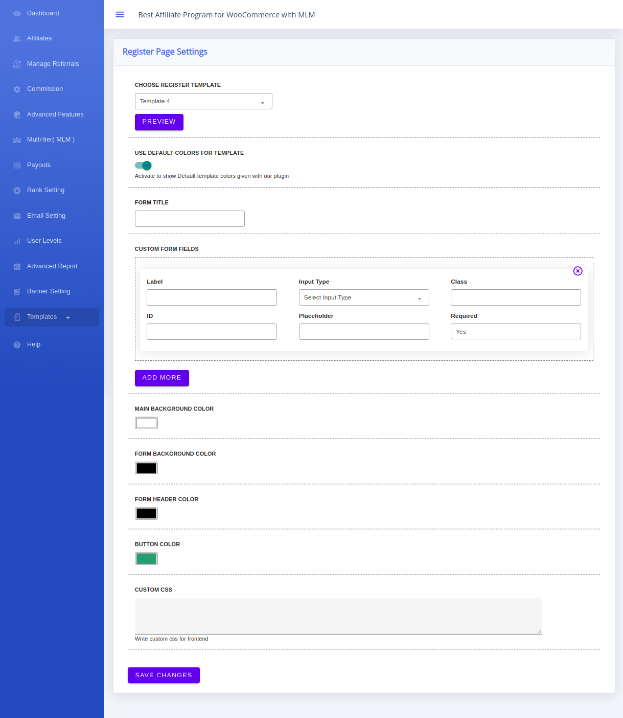 Affiliate registration template settings in the WordPress administration area