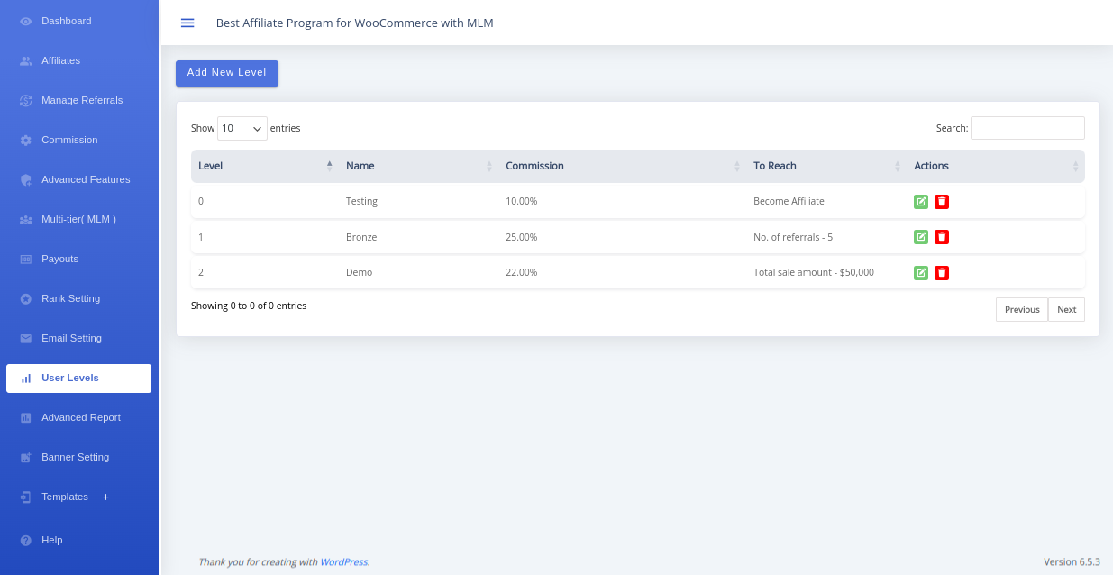 User Levels table showing Add New Level, Level, Name, Commission, To Reach and Actions