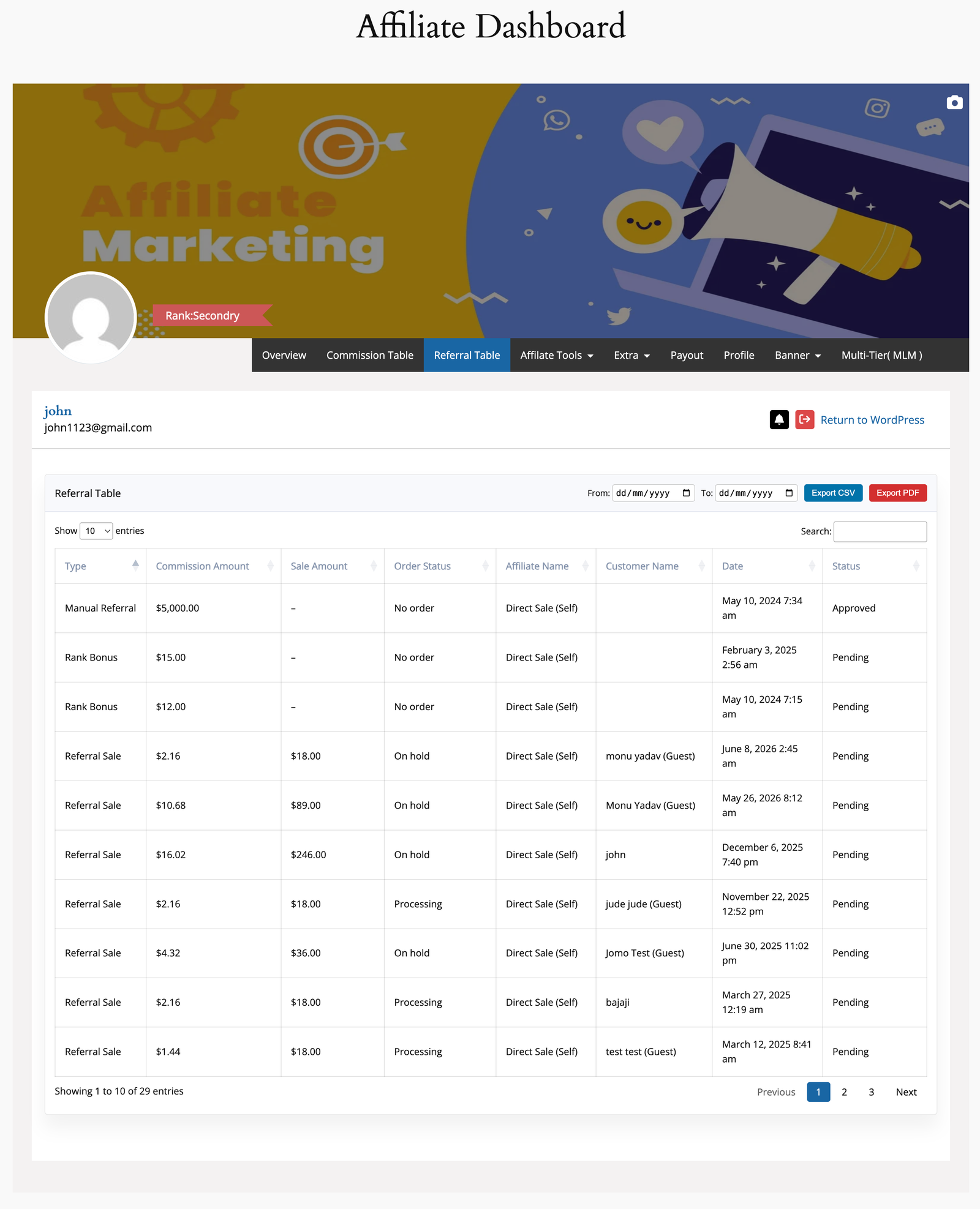 Affiliate Dashboard Referral Table with date filters, search, CSV export, PDF export, referral type, commission amount, sale amount, order status, and referral status