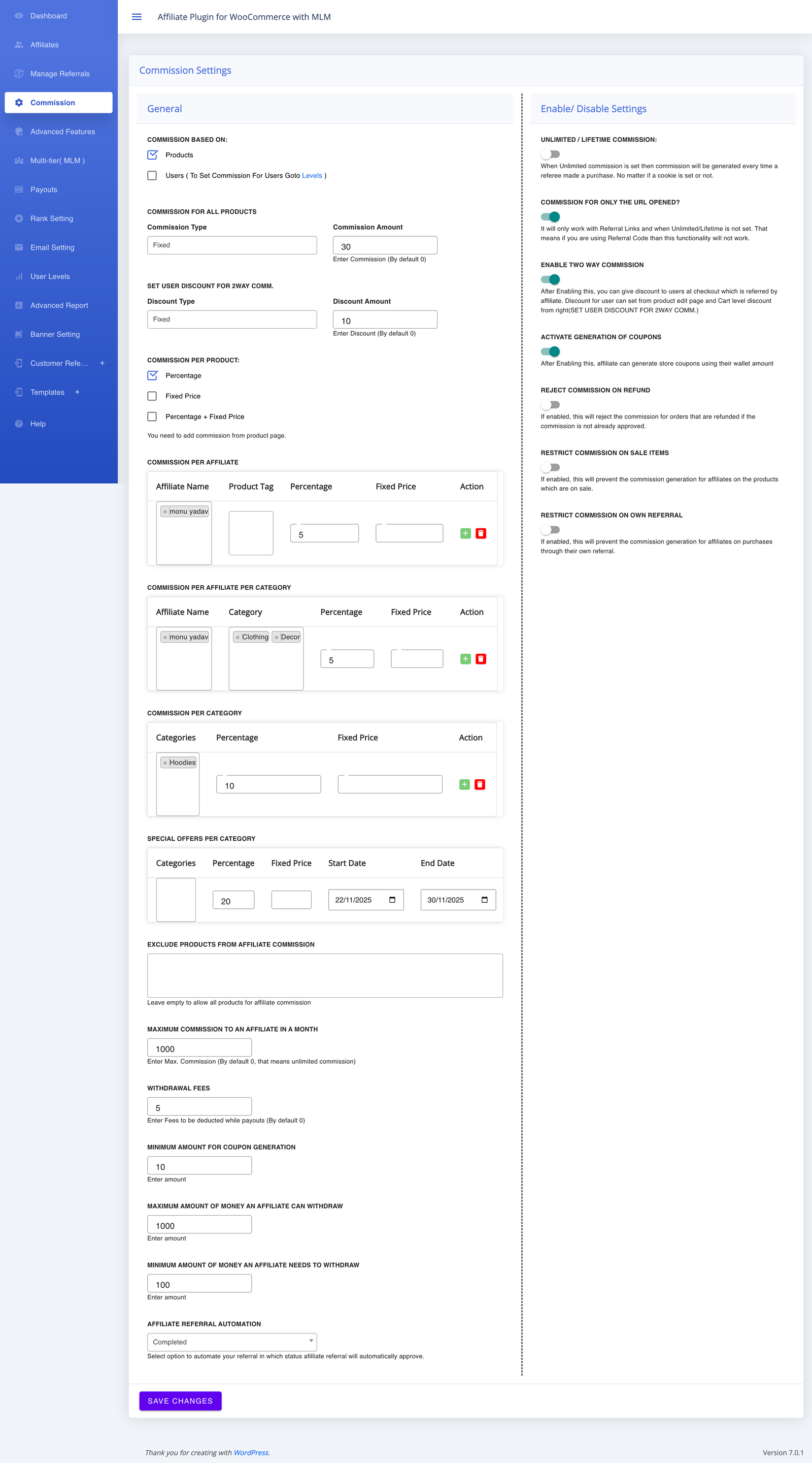 Commission Settings showing Commission for All Products, commission type, commission amount, category rules, affiliate rules, and two-way settings
