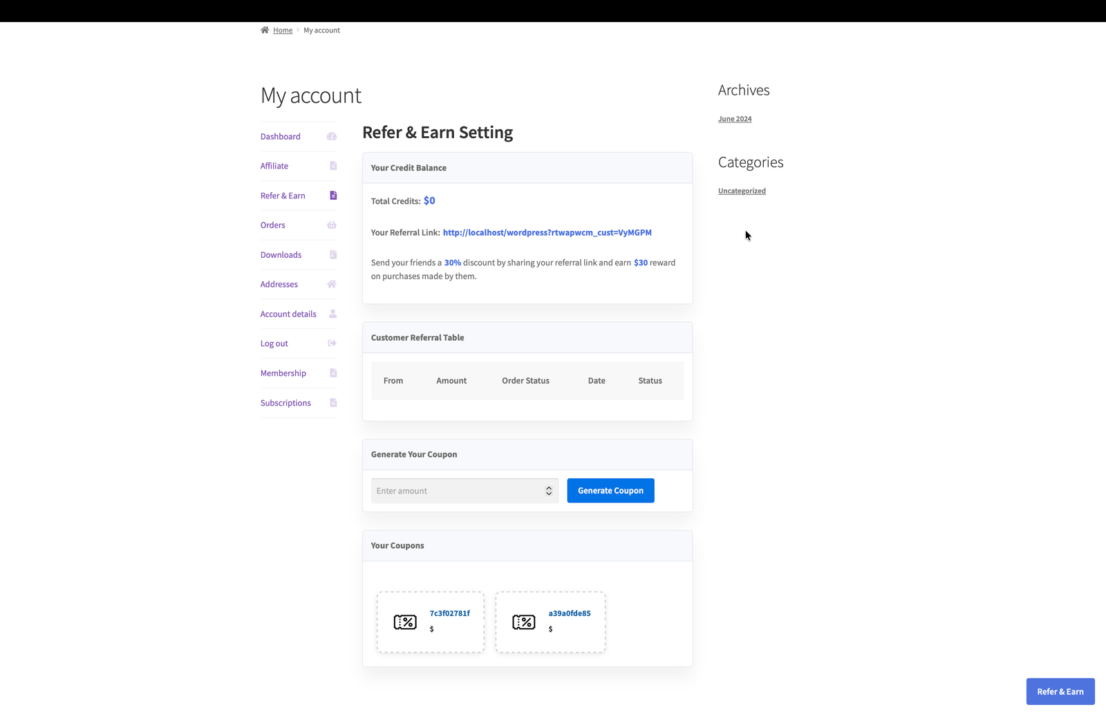 WooCommerce My Account Refer and Earn page showing credit balance, referral link, customer referral table, coupon generator, and coupons