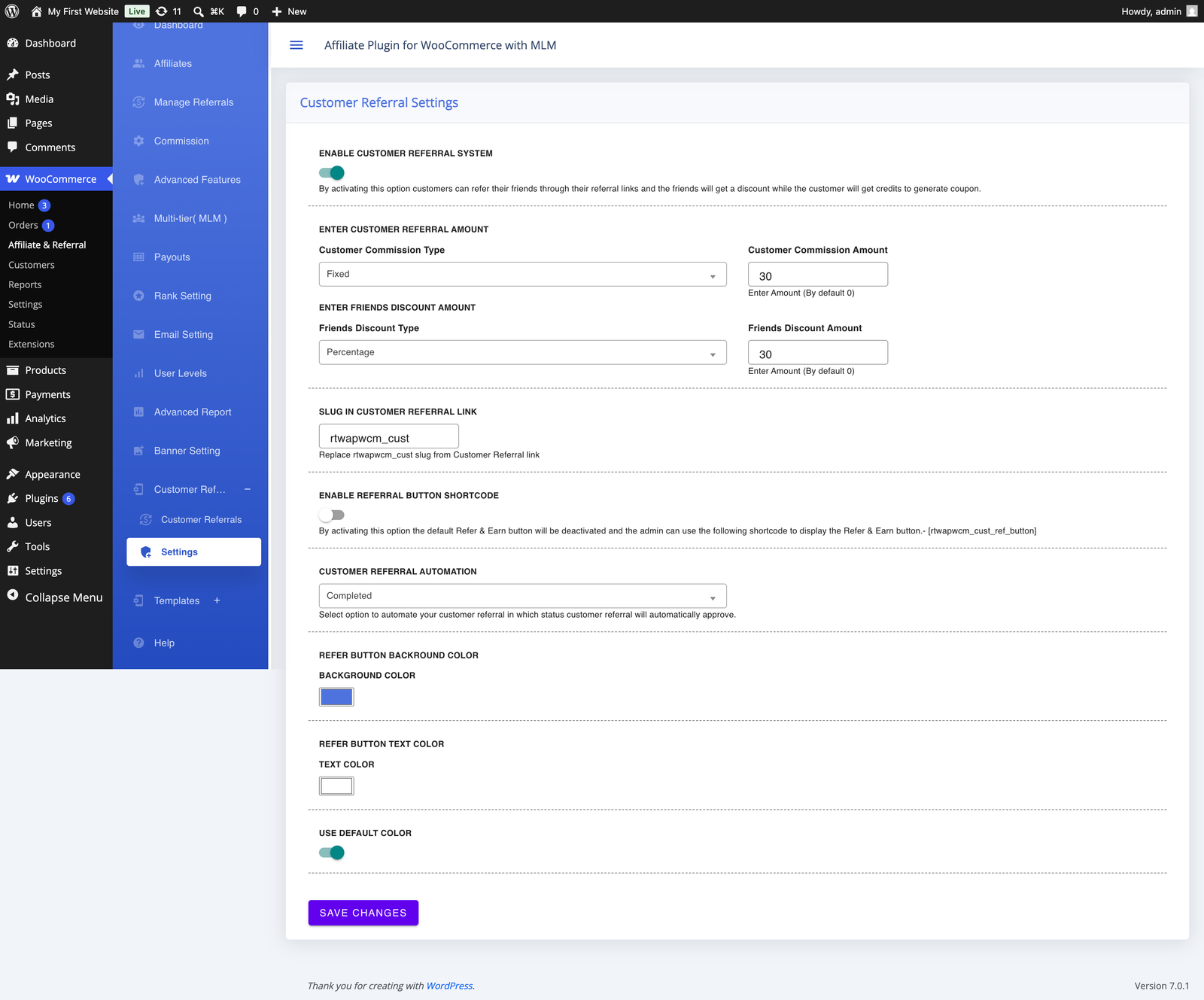 Customer Referral Settings page showing Enable Customer Referral System and Save Changes
