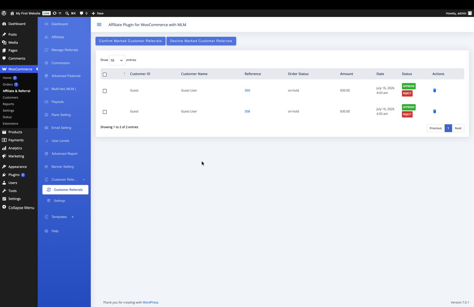 Customer Referrals table showing Customer ID, Customer Name, Reference, Order Status, Amount, Date, Status, Approve, Reject, and marked referral controls