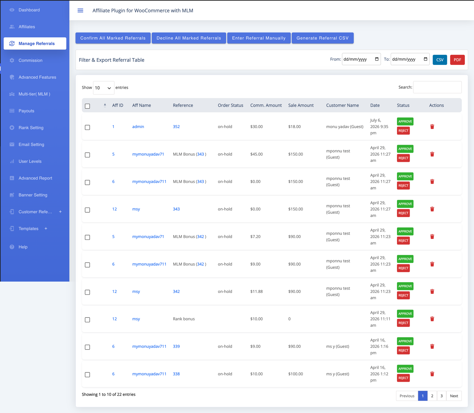 Manage Referrals screen with referral records, approve and reject actions, date filters, CSV and PDF exports