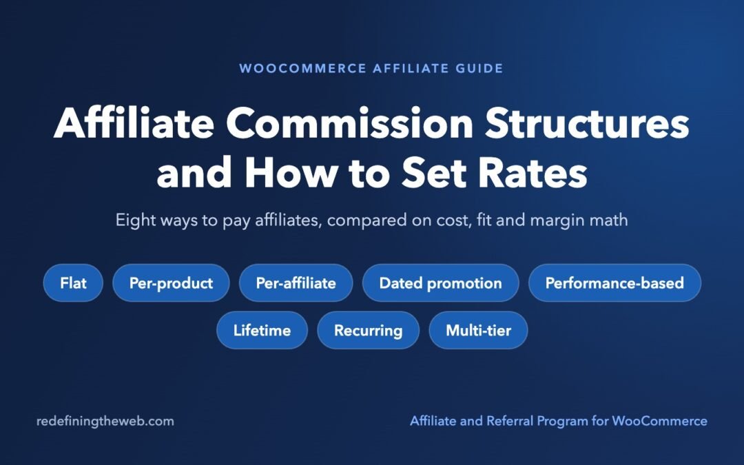 Cover graphic for the guide to WooCommerce affiliate commission structures and how to set rates, listing flat, per-product, per-affiliate, dated promotion, performance-based, lifetime, recurring and multi-tier commission