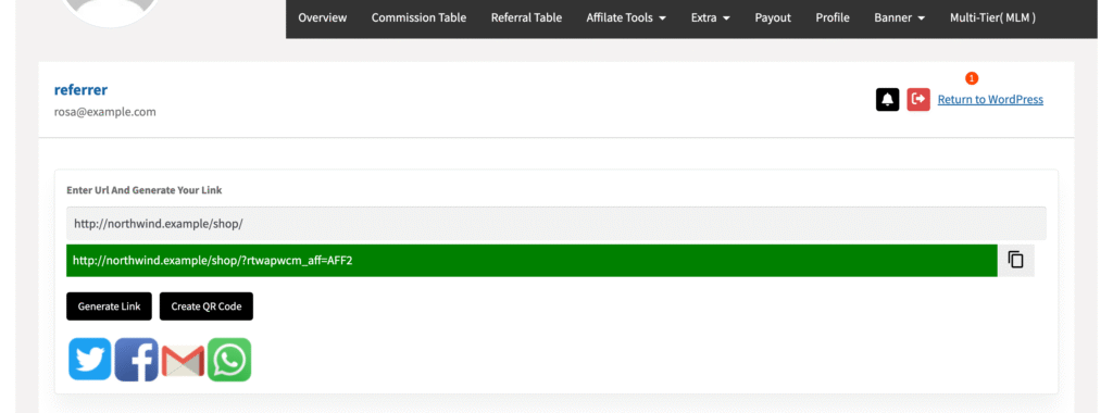 Affiliate dashboard link generator in Affiliate and Referral Program for WooCommerce turning a store URL into a personal referral link, with the sharing buttons beside it