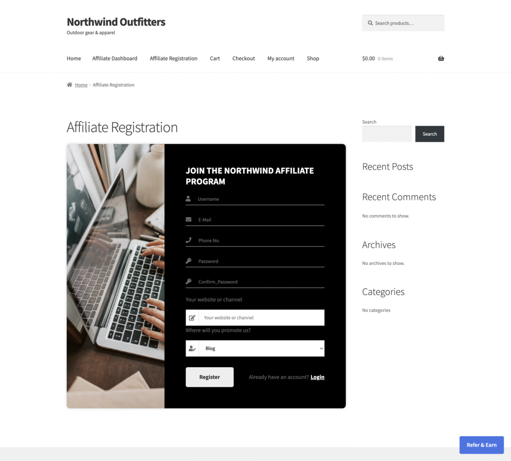 Affiliate registration form on a WooCommerce storefront built with Affiliate and Referral Program for WooCommerce, with the standard contact fields and space for the store's own questions