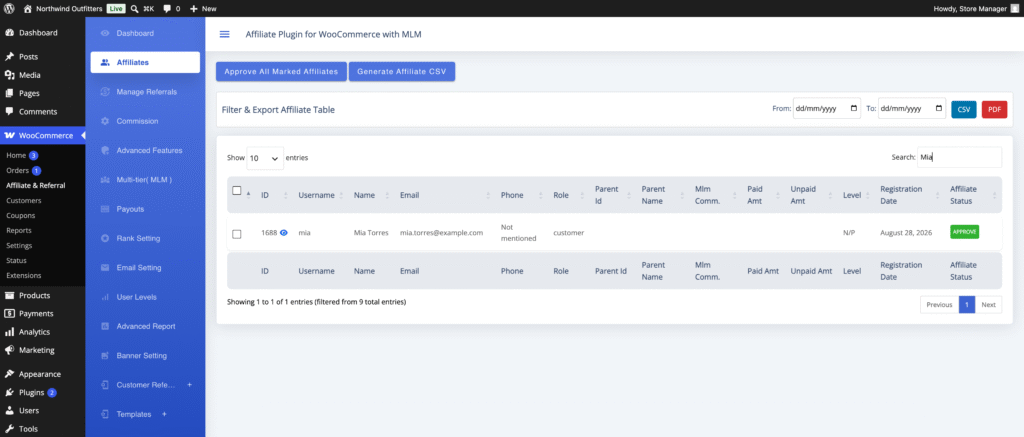 Affiliates screen in Affiliate and Referral Program for WooCommerce showing a pending applicant with the Approve control in the Affiliate Status column and the Approve All Marked Affiliates button