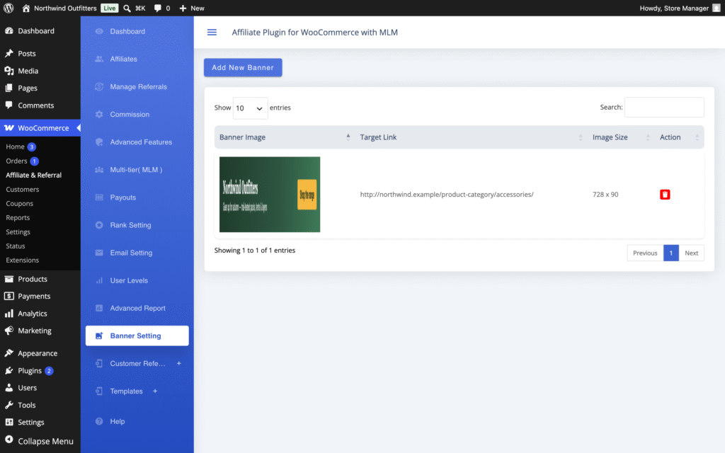 Banner Setting screen in Affiliate and Referral Program for WooCommerce showing an uploaded affiliate banner with its size and target link, and the control to add another