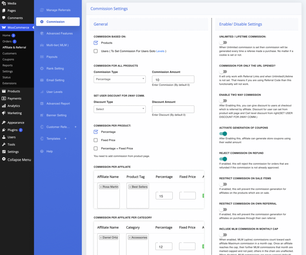 Commission Settings in Affiliate and Referral Program for WooCommerce: a 10% store-wide rate, per-affiliate and per-affiliate-per-category rules, and toggles for lifetime commission, two-way commission, coupons, refund rejection and self-referral restriction