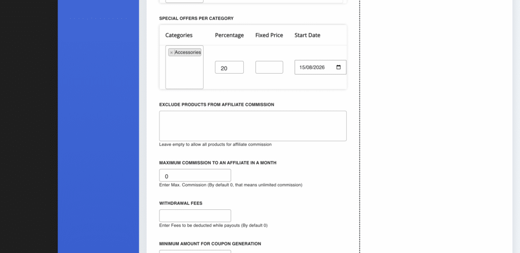 Special offers per Category section of the Commission screen in Affiliate and Referral Program for WooCommerce with the Accessories category, a 20% rate and a start date, above the exclude-products list and the monthly maximum commission field