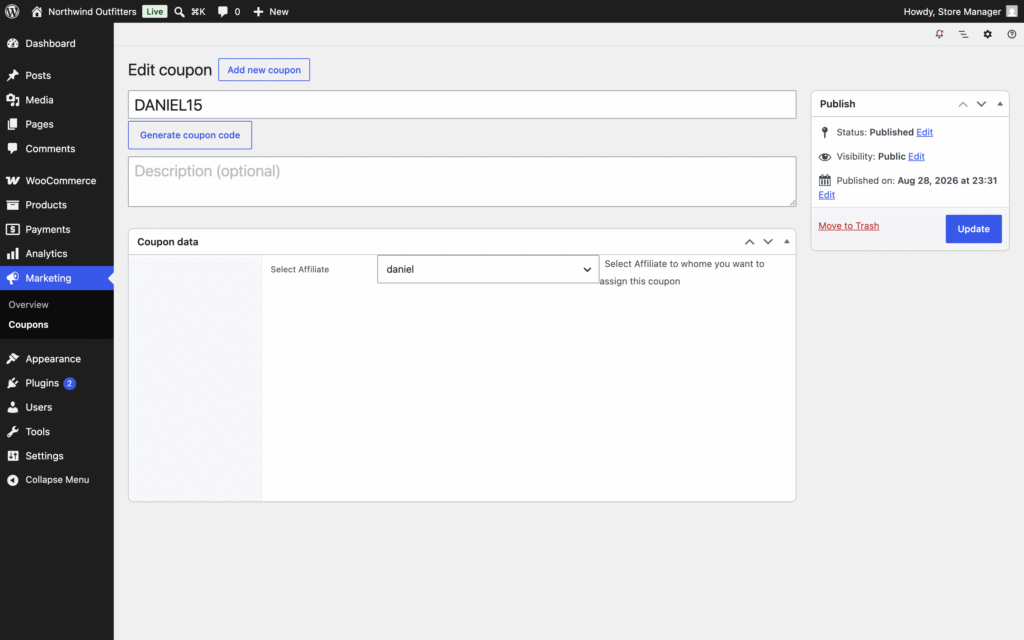 WooCommerce coupon edit screen for the code DANIEL15 with the Select Affiliate field of Affiliate and Referral Program for WooCommerce assigning the coupon to an affiliate