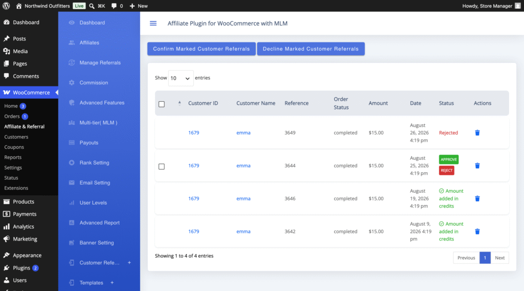 Customer Referral admin screen in Affiliate and Referral Program for WooCommerce listing referred orders with customer, order reference, order status, amount and Approve or Reject actions, plus bulk confirm and decline buttons