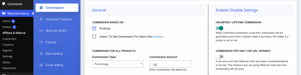 Commission screen in Affiliate and Referral Program for WooCommerce with Commission Based On set to Products, a 10% store-wide Percentage rate, and the Unlimited / Lifetime Commission switch turned on