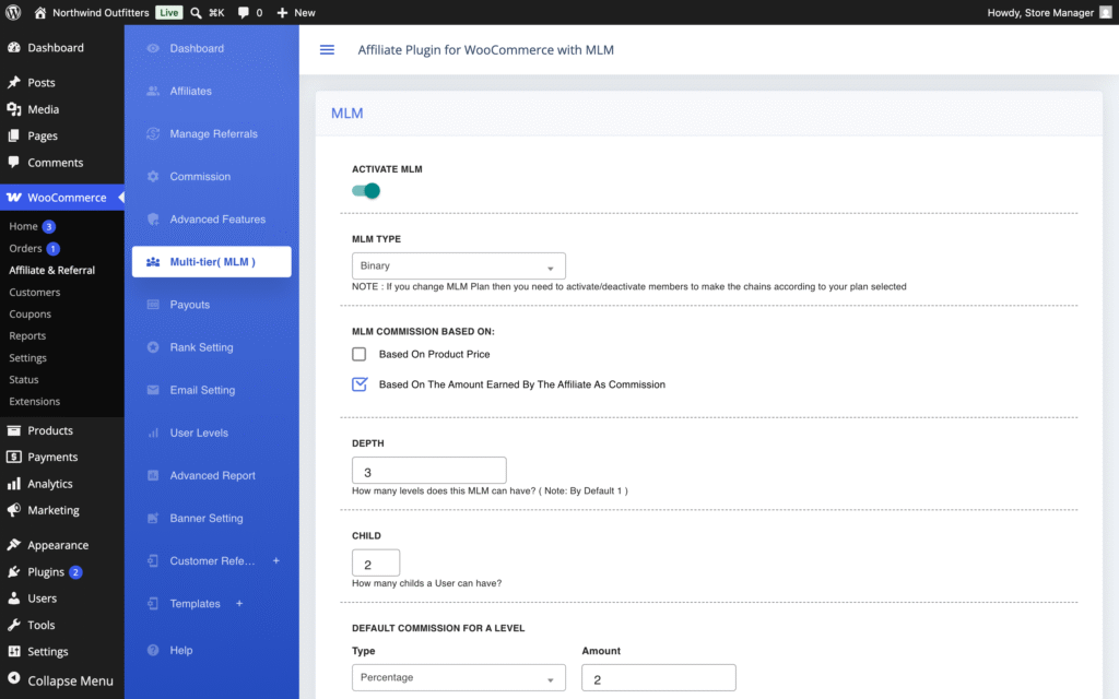 MLM Type set to Binary in Affiliate and Referral Program for WooCommerce, which presets Child to two recruit slots per member, with Depth 3 and the note that changing the plan means re-activating members