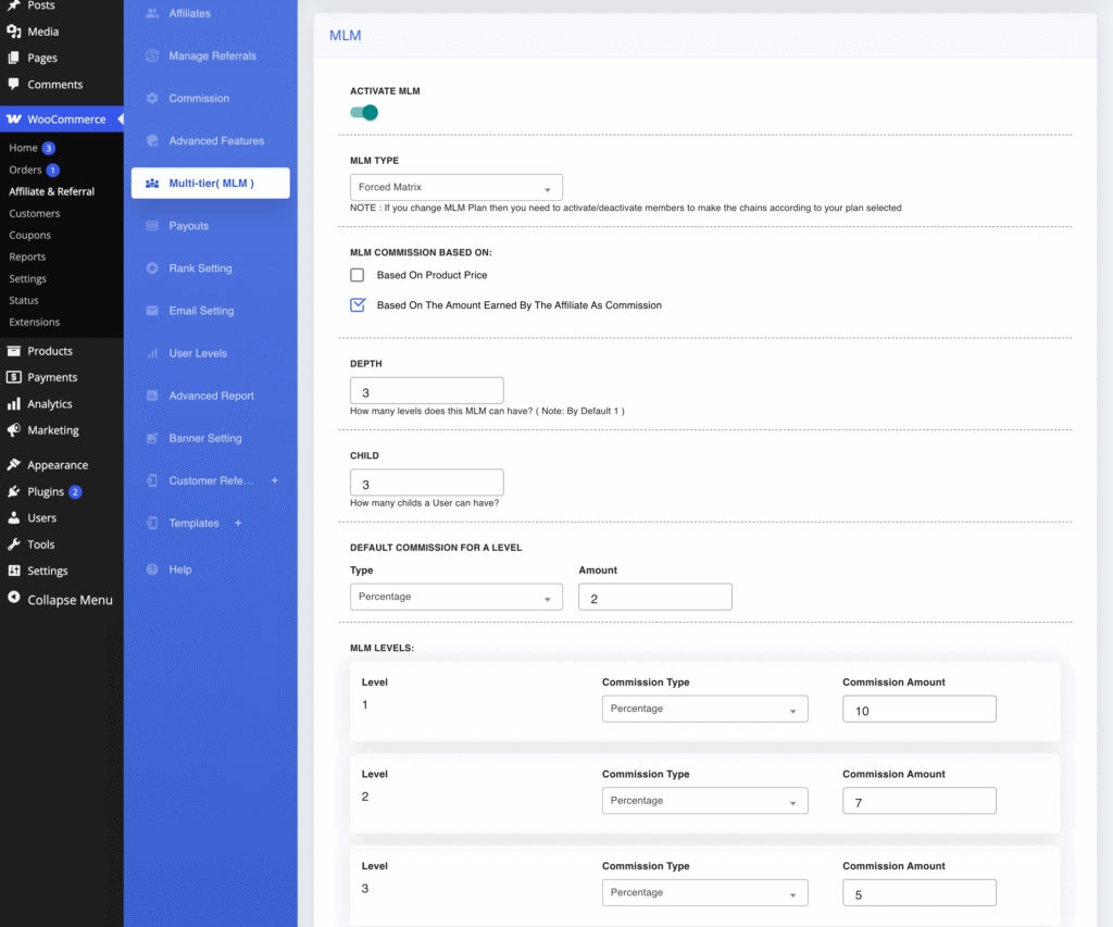 Multi-tier( MLM ) settings in Affiliate and Referral Program for WooCommerce: Activate MLM on, MLM Type Forced Matrix, commission based on the amount earned by the affiliate, Depth 3, Child 3, a 2% default level commission and level rates of 10%, 7% and 5%