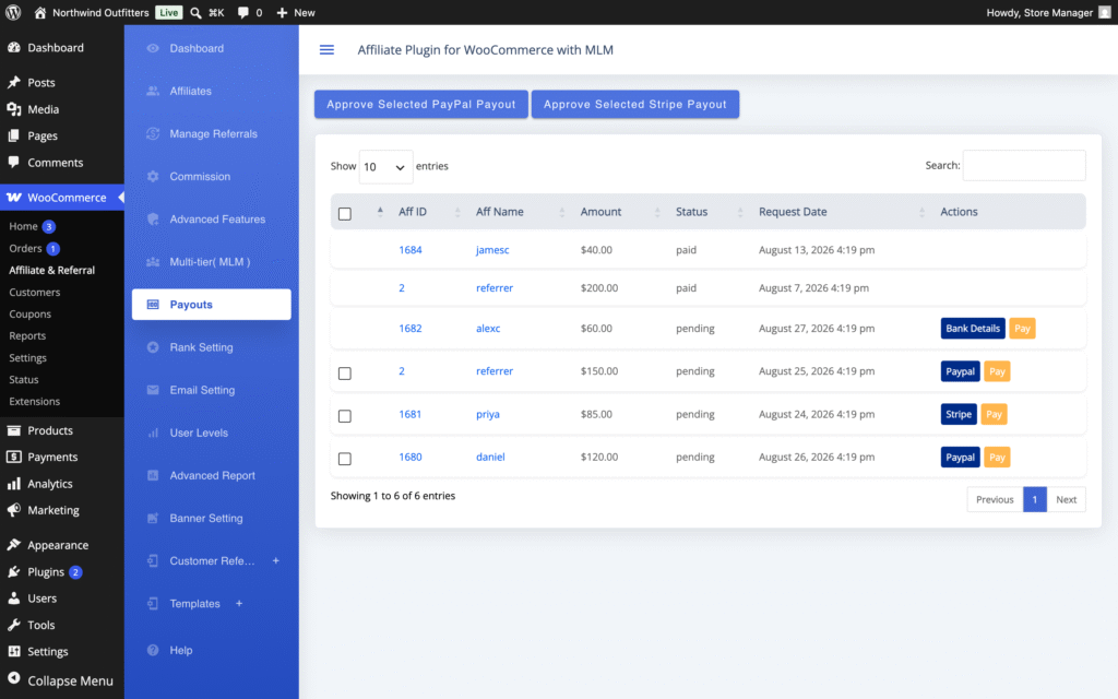 Payouts screen in Affiliate and Referral Program for WooCommerce listing withdrawal requests with PayPal, Stripe and bank-details actions and the Approve Selected PayPal Payout button