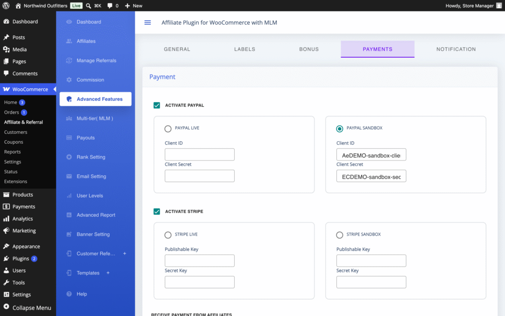 Payments tab under Advanced Features in Affiliate and Referral Program for WooCommerce with Activate Paypal and Activate Stripe switched on, the live and sandbox choices, and the Client ID, Client Secret, Publishable Key and Secret Key fields