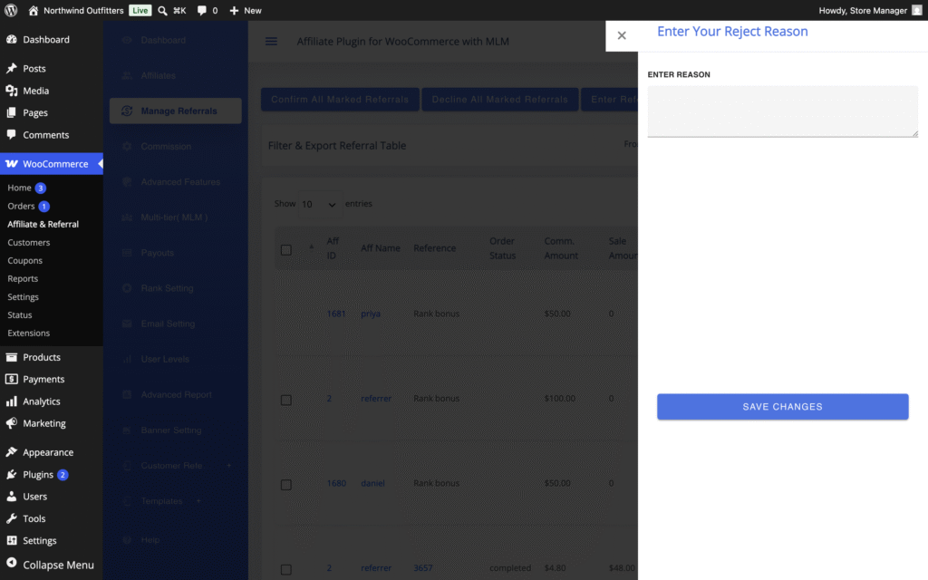 Enter Your Reject Reason dialog on the Manage Referrals screen in Affiliate and Referral Program for WooCommerce, with the Confirm All Marked Referrals and Decline All Marked Referrals buttons behind it