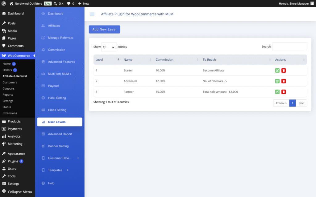 User Levels screen in Affiliate and Referral Program for WooCommerce with three levels: Starter 10%, Advanced 12% after five referrals, Partner 15% after $1,000 in sales