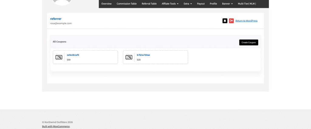 All Coupons section of the affiliate dashboard in Affiliate and Referral Program for WooCommerce listing two wallet coupons of $50 and $25 next to the Create Coupon button