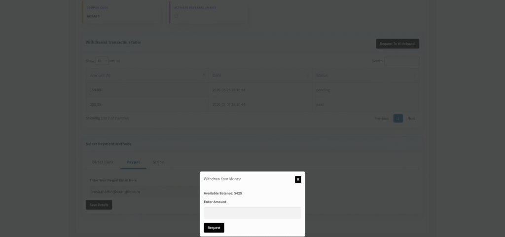 Affiliate dashboard Payout tab in Affiliate and Referral Program for WooCommerce: the Withdraw Your Money request box with the available balance and amount field, the withdrawal transaction table with pending and paid requests, and the Direct Bank, Paypal and Stripe payment-method tabs