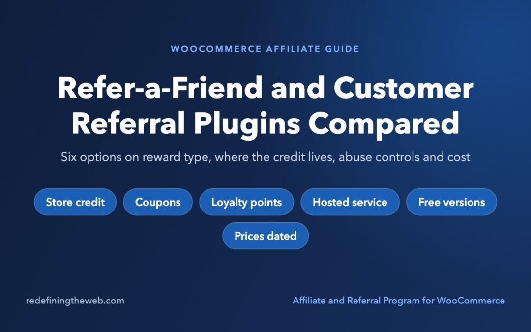 Cover graphic for the comparison of refer-a-friend and customer referral plugins for WooCommerce, listing store credit, coupons, loyalty points, hosted services, free versions and dated prices