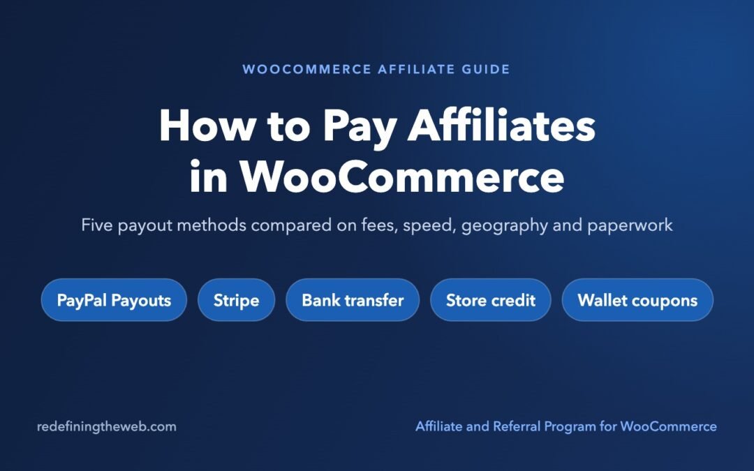 Cover graphic for the guide to paying affiliates in WooCommerce, listing the five payout methods compared: PayPal Payouts, Stripe, bank transfer, store credit and wallet coupons