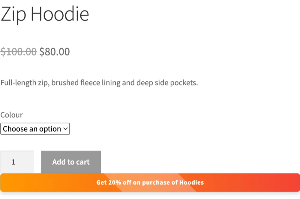 The Zip Hoodie product page showing 100.00 dollars struck through beside 80.00 dollars, with an offer message reading Get 20 percent off on purchase of Hoodies.